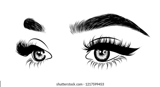 Abstract fashion illustration of the eye with creative makeup. Hand drawn vector idea for business visit cards, templates, web, salon banners,brochures. Natural eyebrows and glam eyelashes