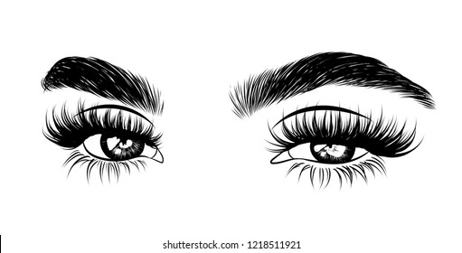 Abstract fashion illustration of the eye with creative makeup. Hand drawn vector idea for business visit cards, templates, web, salon banners,brochures. Natural eyebrows and glam eyelashes