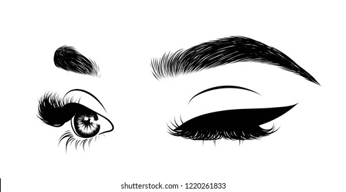 Abstract fashion illustration of the eye with creative makeup. Hand drawn vector idea for business visit cards, templates, web, salon banners,brochures. Natural eyebrows and glam eyelashes