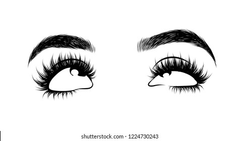 Abstract fashion illustration of the eye with creative makeup. Hand drawn vector idea for business visit cards, templates, web, salon banners,brochures. Natural eyebrows and glam eyelashes