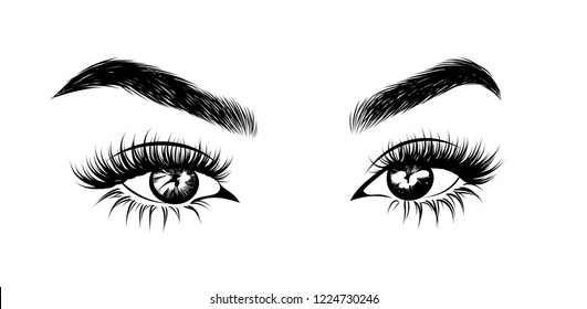 Abstract fashion illustration of the eye with creative makeup. Hand drawn vector idea for business visit cards, templates, web, salon banners,brochures. Natural eyebrows and glam eyelashes