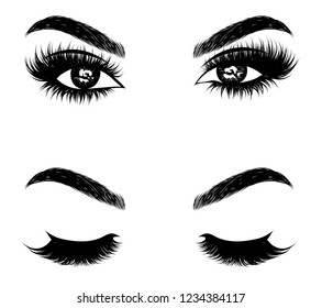 Abstract fashion illustration of the eye with creative makeup. Hand drawn vector idea for business visit cards, templates, web, salon banners,brochures. Natural eyebrows and glam eyelashes