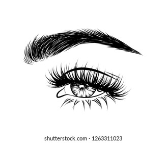 Abstract fashion illustration of the eye with creative makeup. Hand drawn vector idea for business visit cards, templates, web, salon banners,brochures. Natural eyebrows and glam eyelashes