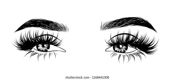 Abstract fashion illustration of the eye with creative makeup. Hand drawn vector idea for business visit cards, templates, web, salon banners,brochures. Natural eyebrows and glam eyelashes