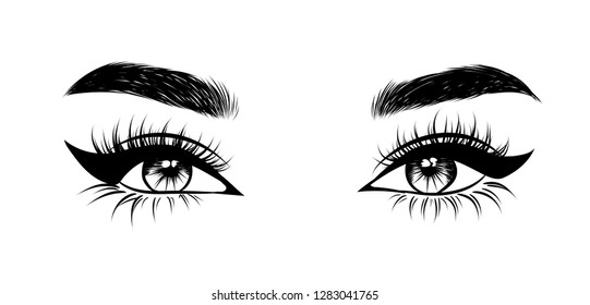 Abstract fashion illustration of the eye with creative makeup. Hand drawn vector idea for business visit cards, templates, web, salon banners,brochures. Natural eyebrows and glam eyelashes