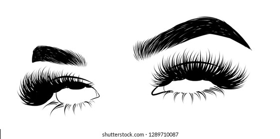 Abstract fashion illustration of the eye with creative makeup. Hand drawn vector idea for business visit cards, templates, web, salon banners,brochures. Natural eyebrows and glam eyelashes