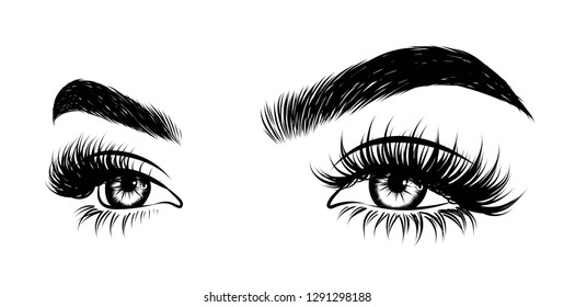 Abstract fashion illustration of the eye with creative makeup. Hand drawn vector idea for business visit cards, templates, web, salon banners,brochures. Natural eyebrows and glam eyelashes