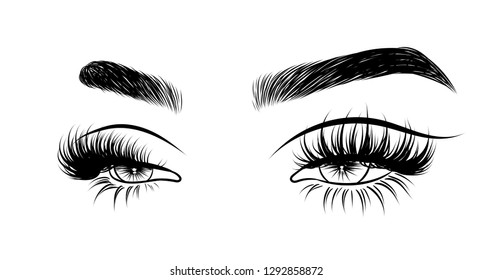 Abstract fashion illustration of the eye with creative makeup. Hand drawn vector idea for business visit cards, templates, web, salon banners,brochures. Natural eyebrows and glam eyelashes