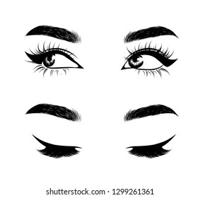 Abstract fashion illustration of the eye with creative makeup. Hand drawn vector idea for business visit cards, templates, web, salon banners,brochures. Natural eyebrows and glam eyelashes