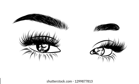 Abstract fashion illustration of the eye with creative makeup. Hand drawn vector idea for business visit cards, templates, web, salon banners,brochures. Natural eyebrows and glam eyelashes