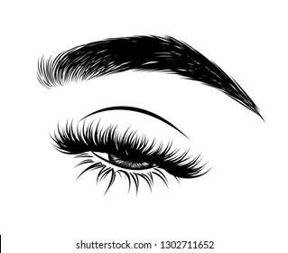 Abstract fashion illustration of the eye with creative makeup. Hand drawn vector idea for business visit cards, templates, web, salon banners,brochures. Natural eyebrows and glam eyelashes