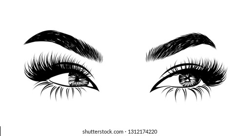 Abstract fashion illustration of the eye with creative makeup. Hand drawn vector idea for business visit cards, templates, web, salon banners,brochures. Natural eyebrows and glam eyelashes