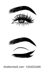 Abstract fashion illustration of the eye with creative makeup. Hand drawn vector idea for business visit cards, templates, web, salon banners,brochures. Natural eyebrows and glam eyelashes
