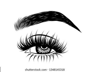 Abstract fashion illustration of the eye with creative makeup. Hand drawn vector idea for business visit cards, templates, web, salon banners,brochures. Natural eyebrows and glam eyelashes