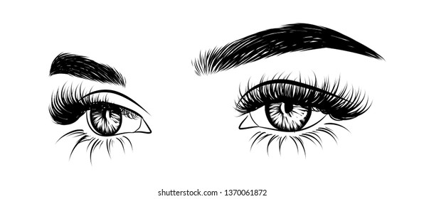 Abstract fashion illustration of the eye with creative makeup. Hand drawn vector idea for business visit cards, templates, web, salon banners,brochures. Natural eyebrows and glam eyelashes