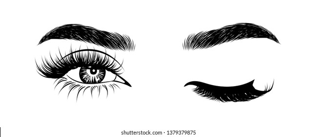 Abstract fashion illustration of the eye with creative makeup. Hand drawn vector idea for business visit cards, templates, web, salon banners,brochures. Natural eyebrows and glam eyelashes