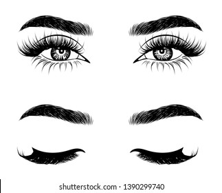 Abstract fashion illustration of the eye with creative makeup. Hand drawn vector idea for business visit cards, templates, web, salon banners,brochures. Natural eyebrows and glam eyelashes