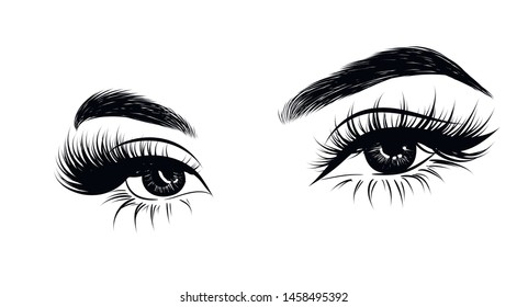 Abstract fashion illustration of the eye with creative makeup. Hand drawn vector idea for business visit cards, templates, web, salon banners,brochures. Natural eyebrows and glam eyelashes