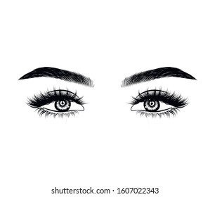 Abstract fashion illustration of the eye with creative makeup. Hand drawn vector idea for business visit cards, templates, web, salon banners,brochures. Natural eyebrows and glam eyelashes