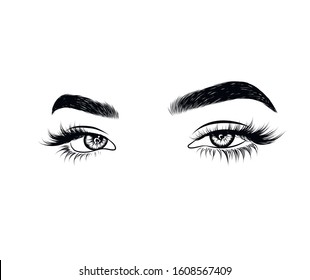 Abstract fashion illustration of the eye with creative makeup. Hand drawn vector idea for business visit cards, templates, web, salon banners,brochures. Natural eyebrows and glam eyelashes