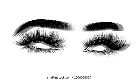 Abstract fashion illustration of the eye with glitch effect. Hand drawn vector idea for business visit cards, templates, web, salon banners,brochures. Natural eyebrows and glam eyelashes
