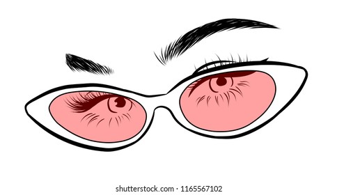Abstract fashion illustration of the eye with retro sunglasses. Hand drawn vector idea for business visit cards, templates, web, salon banners,brochures. Natural eyebrows and glam eyelashes