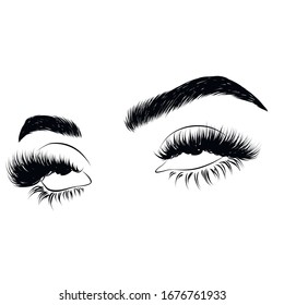 Abstract fashion illustration of the eye roll with creative makeup. Hand drawn vector idea for business visit cards, templates, web, salon banners,brochures. Natural eyebrows and glam eyelashes