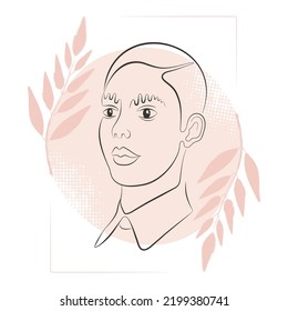 Abstract fashion portrait of non-binary person. Modern abstract face on pastel background with leaves. Vector illustration for t-shirt design, print graphics style.