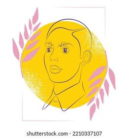 Abstract fashion portrait of non-binary person. Modern abstract face on contemporary background with pink leaves. Vector illustration for print, design, t-shirt