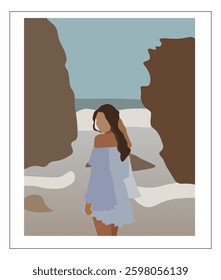 Abstract Fashion Portrait Woman In Beautiful Dress On The Beach With Water Rocks Sea Foam Travel Landscape Retro Poster Vector Design