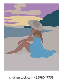 Abstract Fashion Portrait Woman In Blue Dress Sitting On The Beach Looking At Sunset Travel Landscape Retro Poster