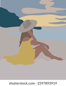 Abstract Fashion Portrait Woman In Dress Sitting On The Beach Looking Sunset Travel Landscape Retro Poster