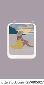 Abstract Fashion Portrait Woman In Dress Sitting On The Beach Looking Sunset Travel Picture For Mood Board Story Landscape Retro Poster