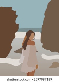 Abstract Fashion Portrait Woman In Romantic Dress On The Beach With Water Rocks Sea Foam Travel Landscape Retro Poster Vector Design