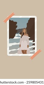 Abstract Fashion Portrait Woman In Romantic White Dress On The Beach With Water Mountains Sea Foam Travel Landscape Retro Poster Picture For Mood Board Stories Vector Design
