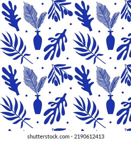 Abstract fashion seamless pattern. Modern print blue floral element, flowers branches algae Matisse inspired. Vector art