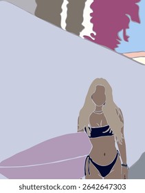 Abstract Fashion Street Beach Stylish Girl In Swimsuit And Surf Trendy Groovy Illustration Vector Design
