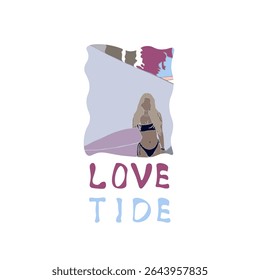 Abstract Fashion Street Beach Stylish Girl In Swimsuit And Surf Trendy Groovy Illustration T-shirt Print Poster Isolated On White Vector Design