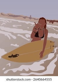 Abstract Fashion Sunny Beach Attractive Sporty Girl With Surf  Trendy Groovy Illustration Vector Design