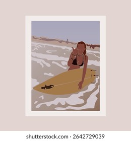 Abstract Fashion Sunny Beach Attractive Sporty Girl With Surf Trendy Groovy Illustration Background Poster Vector Design