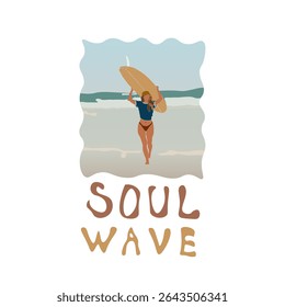 Abstract Fashion Sunny Beach Sporty Girl With Surf Trendy Groovy Illustration T-shirt Print Poster Vector Design