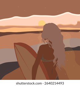 Abstract Fashion Sunset Beach Girl In Swimsuit And Surf Trendy Groovy Illustration Vector Design
