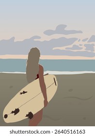 Abstract Fashion Sunset Beach Girl With Surf Trendy Groovy Illustration Vector Design