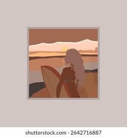 Abstract Fashion Sunset Beach Girl In Swimsuit And Surf Trendy Groovy Illustration Background Poster Vector Design