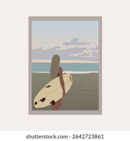 Abstract Fashion Sunset Beach Girl With Surf Trendy Groovy Illustration Poster Background Vector Design