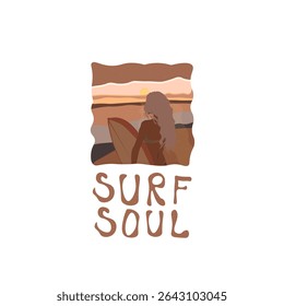 Abstract Fashion Sunset Beach Girl In Swimsuit And Surf Trendy Groovy Illustration T-shirt Print Isolated On White Vector Design
