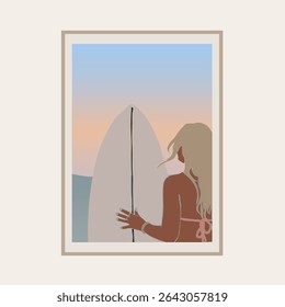 Abstract Fashion Sunset Beach Stylish Girl In Swimsuit And Surf Trendy Groovy Illustration Poster Background Vector Design