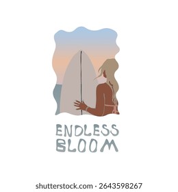 Abstract Fashion Sunset Beach Stylish Girl In Swimsuit And Surf Trendy Groovy Illustration T-shirt Print Poster Isolated On White Vector Design