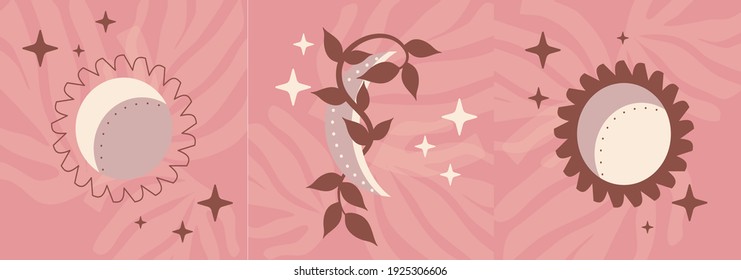 Abstract fashion universal vector cover template. A set of posters with the moon, planets and the sun. Muted colors in boho style. Vector illustration