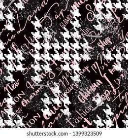 Abstract fashion vector seamless pattern with grunge heart houndstooth and  hand write font
